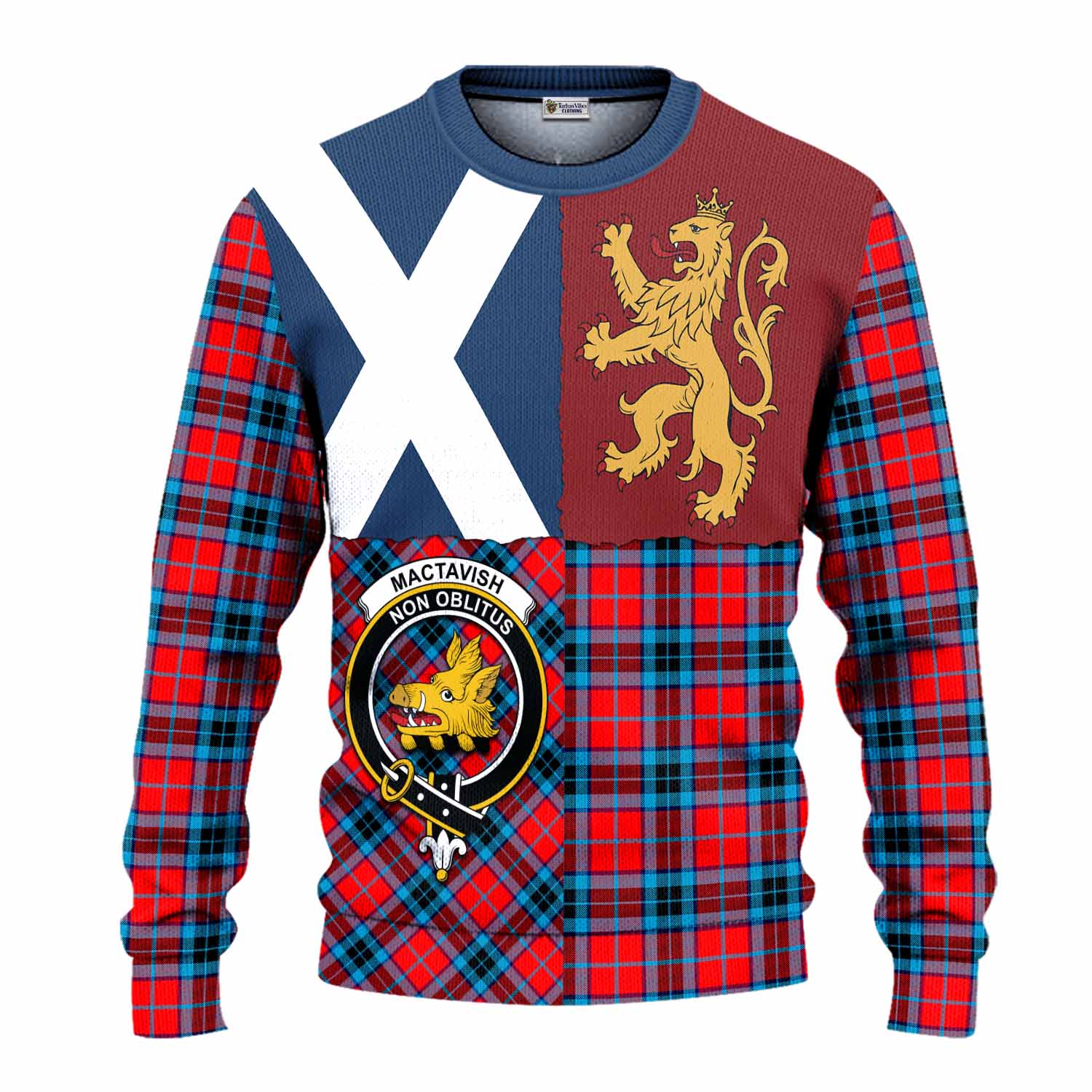 MacTavish (McTavish) Crest Tartan Knitted Sweater with Lion Rampant Saltire Style