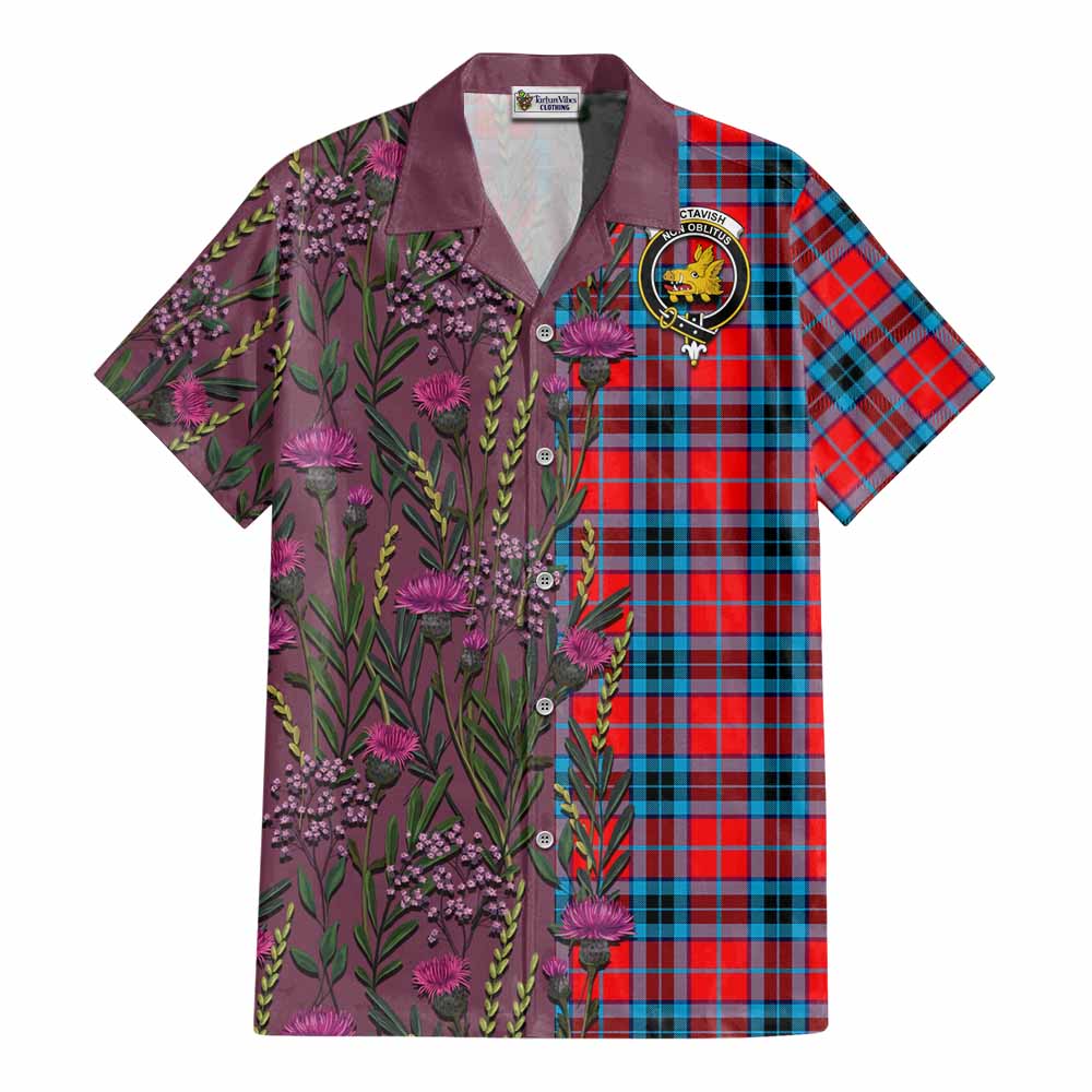 MacTavish (McTavish) Family Crest Tartan Cotton Hawaiian Shirt Scottish Thistle Flower Pattern Half Style - Tartan Vibes Clothing