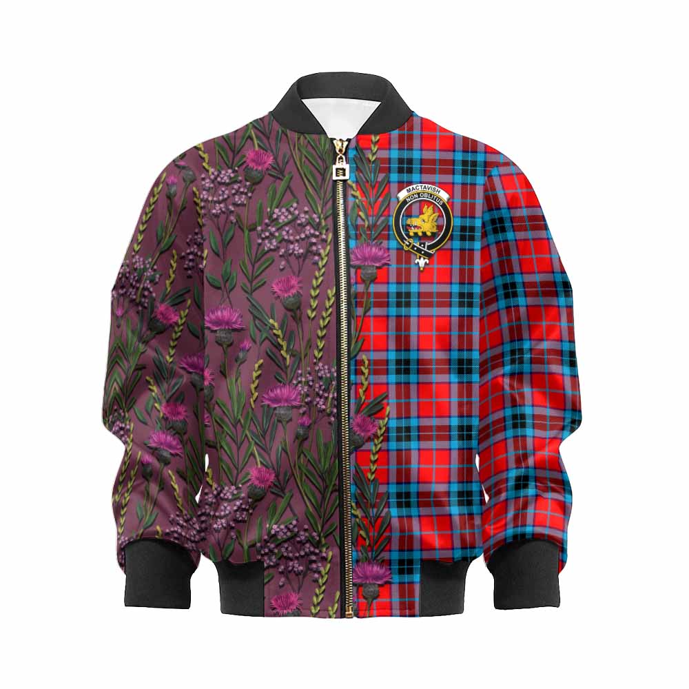MacTavish (McTavish) Family Crest Tartan Kid Bomber Jacket Scottish Thistle Flower Pattern Half Style - Tartan Vibes Clothing
