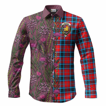 MacTavish (McTavish) Family Crest Tartan Long Sleeve Button Shirts Scottish Thistle Flower Pattern Half Style