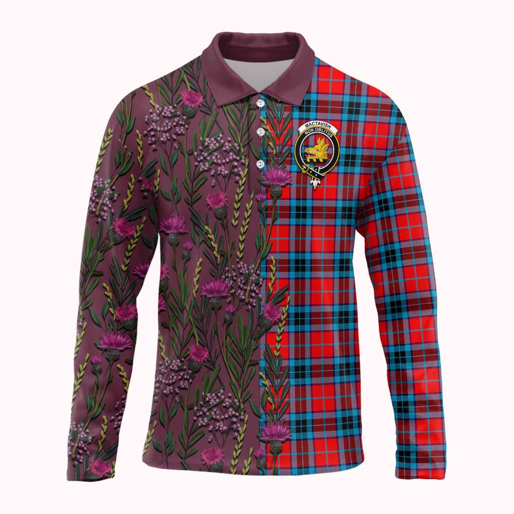 MacTavish (McTavish) Family Crest Tartan Long Sleeve Polo Shirt Scottish Thistle Flower Pattern Half Style - Tartan Vibes Clothing