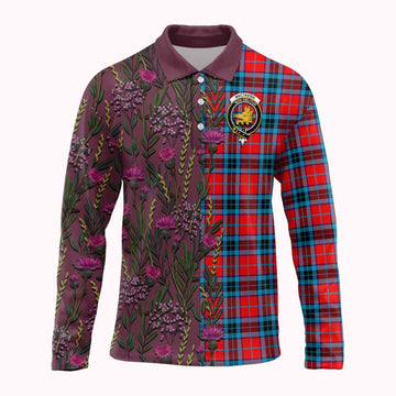 MacTavish (McTavish) Family Crest Tartan Long Sleeve Polo Shirt Scottish Thistle Flower Pattern Half Style