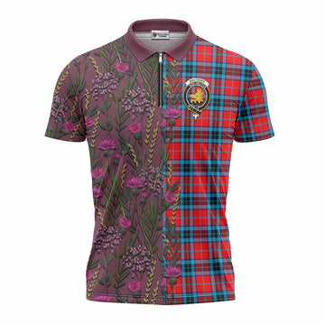 MacTavish (McTavish) Family Crest Tartan Zipper Polo Shirt Scottish Thistle Flower Pattern Half Style