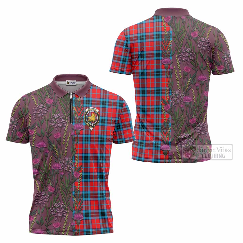 MacTavish (McTavish) Family Crest Tartan Zipper Polo Shirt Scottish Thistle Flower Pattern Half Style - Tartan Vibes Clothing