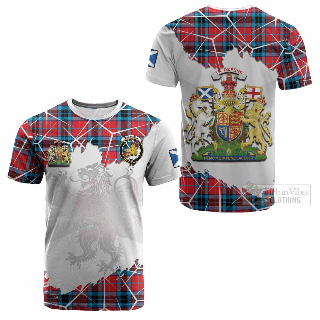 MacTavish (McTavish) Tartan Cotton T-shirt with Family Crest and Lion Rampant Grunge Style