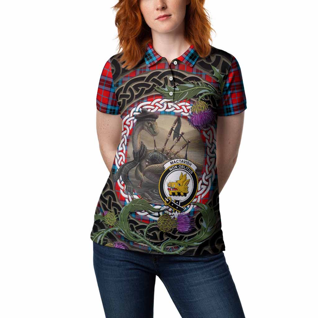 MacTavish (McTavish) Tartan Crest Bagpipe Nessie Women Polo Shirt Scottish Loch Ness Monster Celtic Thistle