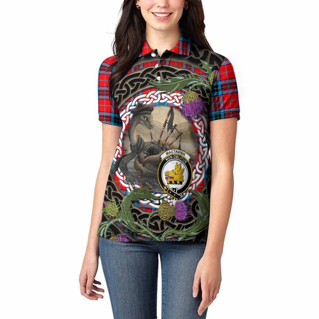 MacTavish (McTavish) Tartan Crest Bagpipe Nessie Women Polo Shirt Scottish Loch Ness Monster Celtic Thistle