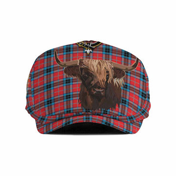 MacTavish (McTavish) Tartan Crest Flat Cap, Jeff Cap Scotland Heilan Coo Tartan Seamless Style
