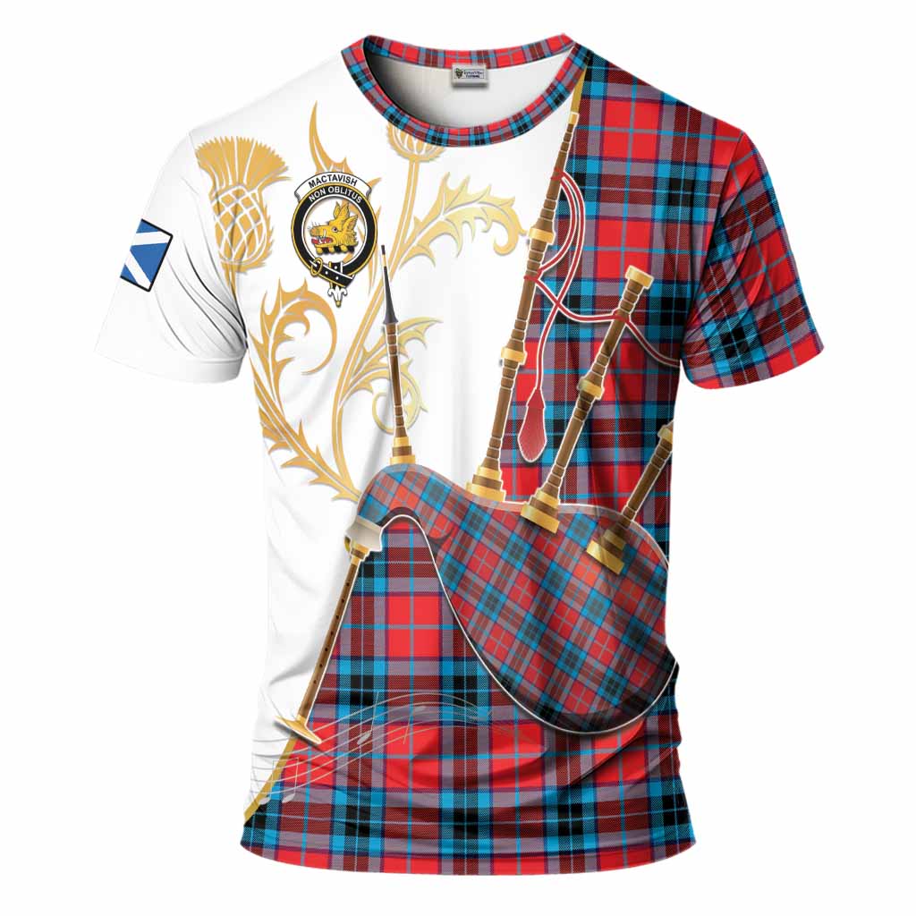 MacTavish (McTavish) Tartan Family Crest T-Shirt Bagpipes with Scottish Thistle
