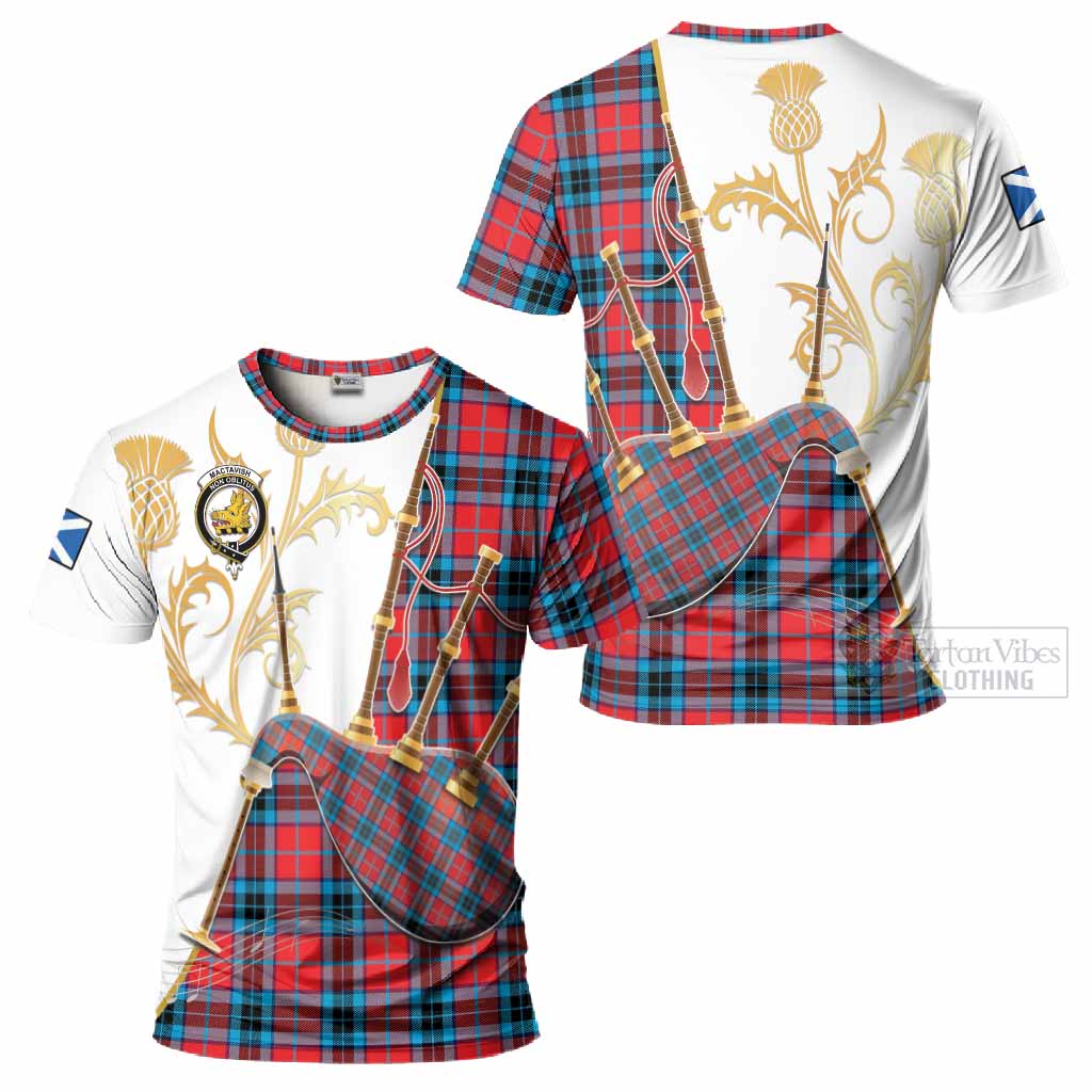 MacTavish (McTavish) Tartan Family Crest T-Shirt Bagpipes with Scottish Thistle