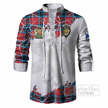 MacTavish (McTavish) Tartan Ghillie Shirt with Family Crest and Lion Rampant Grunge Style