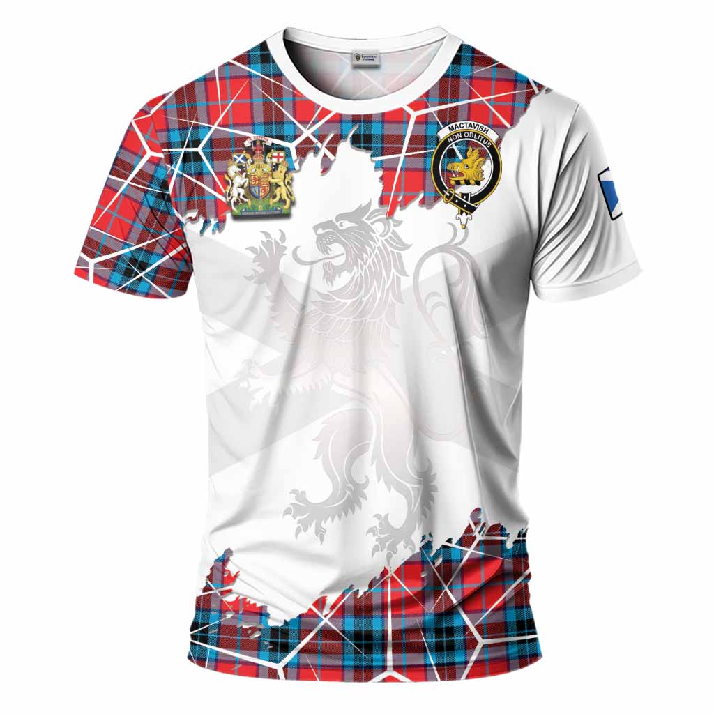 MacTavish (McTavish) Tartan T-Shirt with Family Crest and Lion Rampant Grunge Style