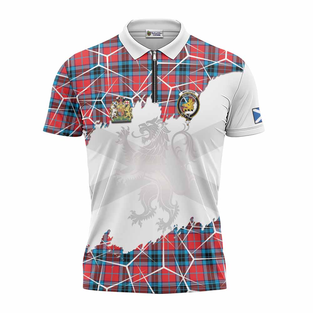 MacTavish (McTavish) Tartan Zipper Polo Shirt with Family Crest and Lion Rampant Grunge Style