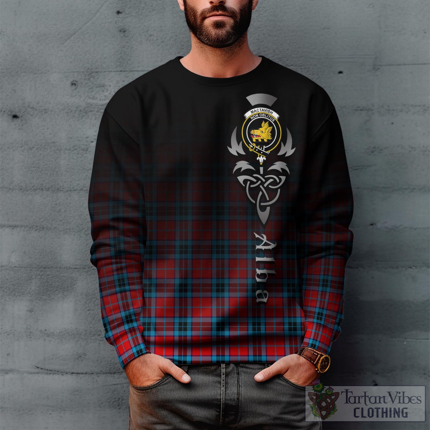 Tartan Vibes Clothing MacTavish Modern Tartan Sweatshirt Featuring Alba Gu Brath Family Crest Celtic Inspired