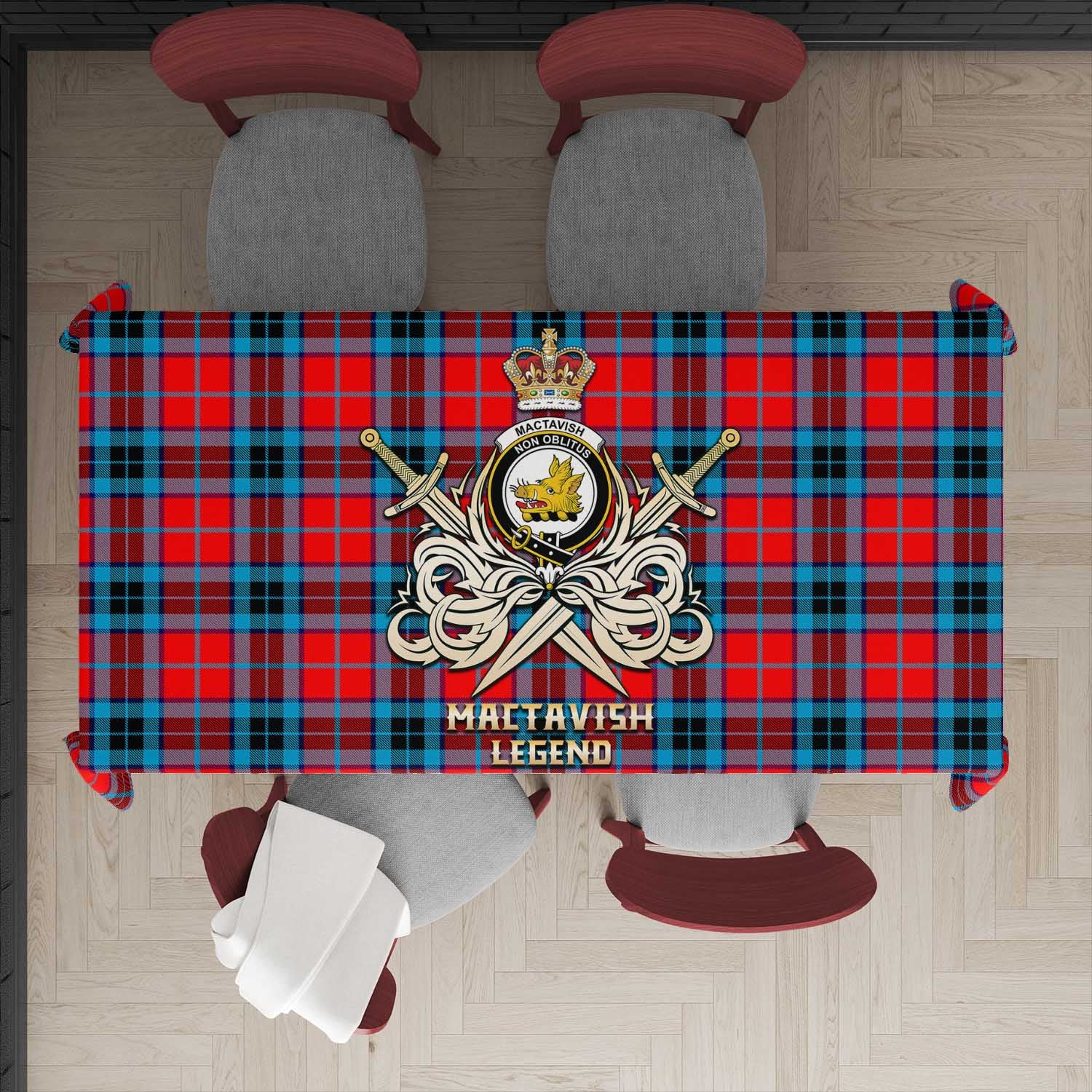 Tartan Vibes Clothing MacTavish Modern Tartan Tablecloth with Clan Crest and the Golden Sword of Courageous Legacy