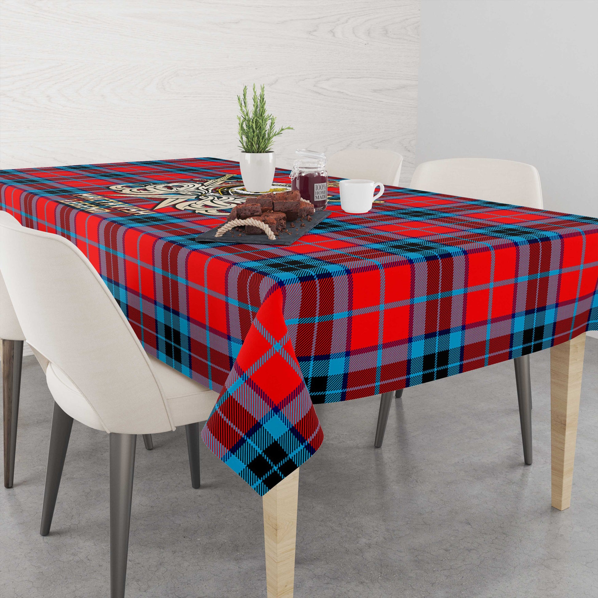 Tartan Vibes Clothing MacTavish Modern Tartan Tablecloth with Clan Crest and the Golden Sword of Courageous Legacy