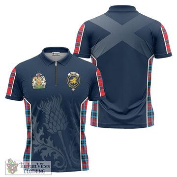 MacTavish Modern Tartan Zipper Polo Shirt with Family Crest and Scottish Thistle Vibes Sport Style