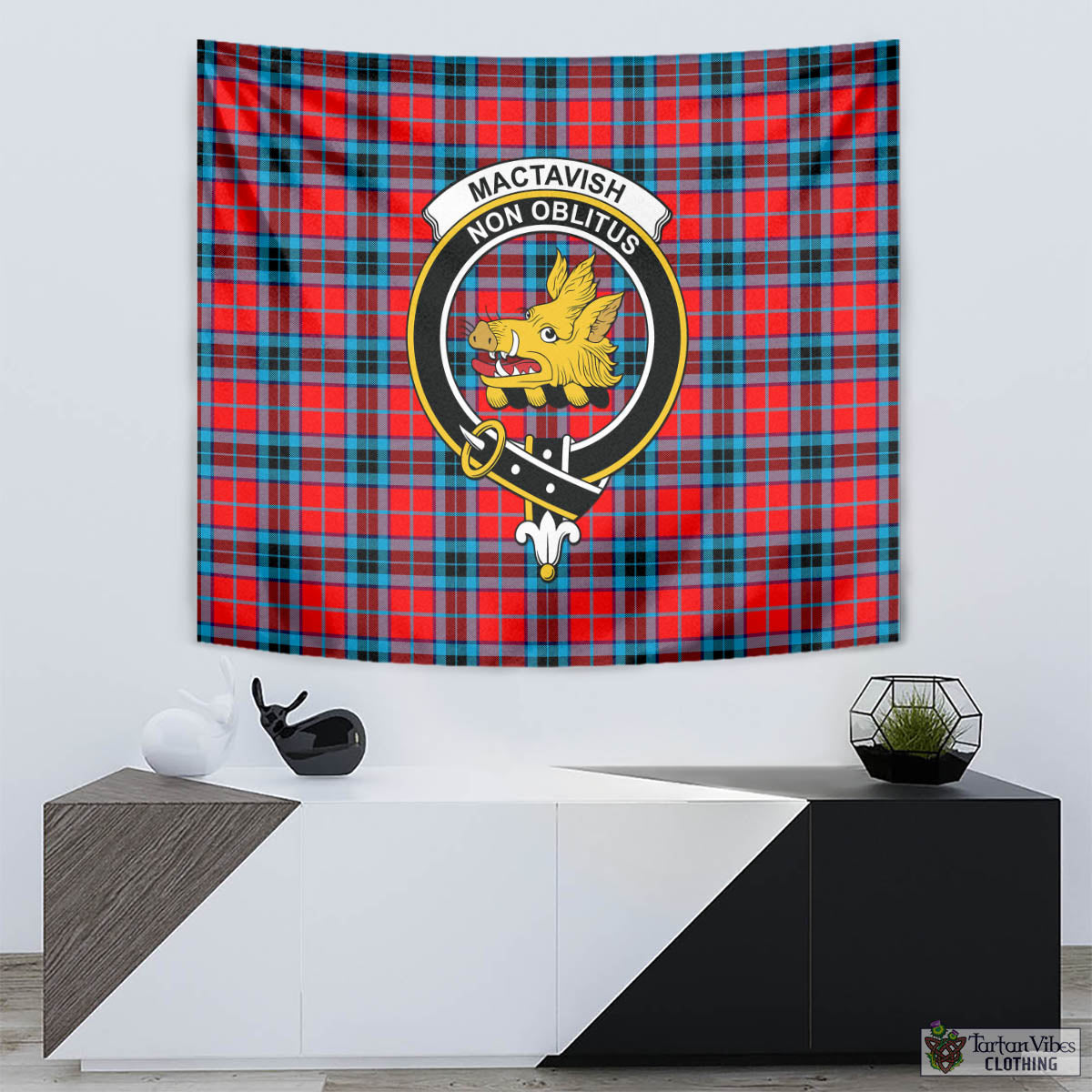 Tartan Vibes Clothing MacTavish Modern Tartan Tapestry Wall Hanging and Home Decor for Room with Family Crest