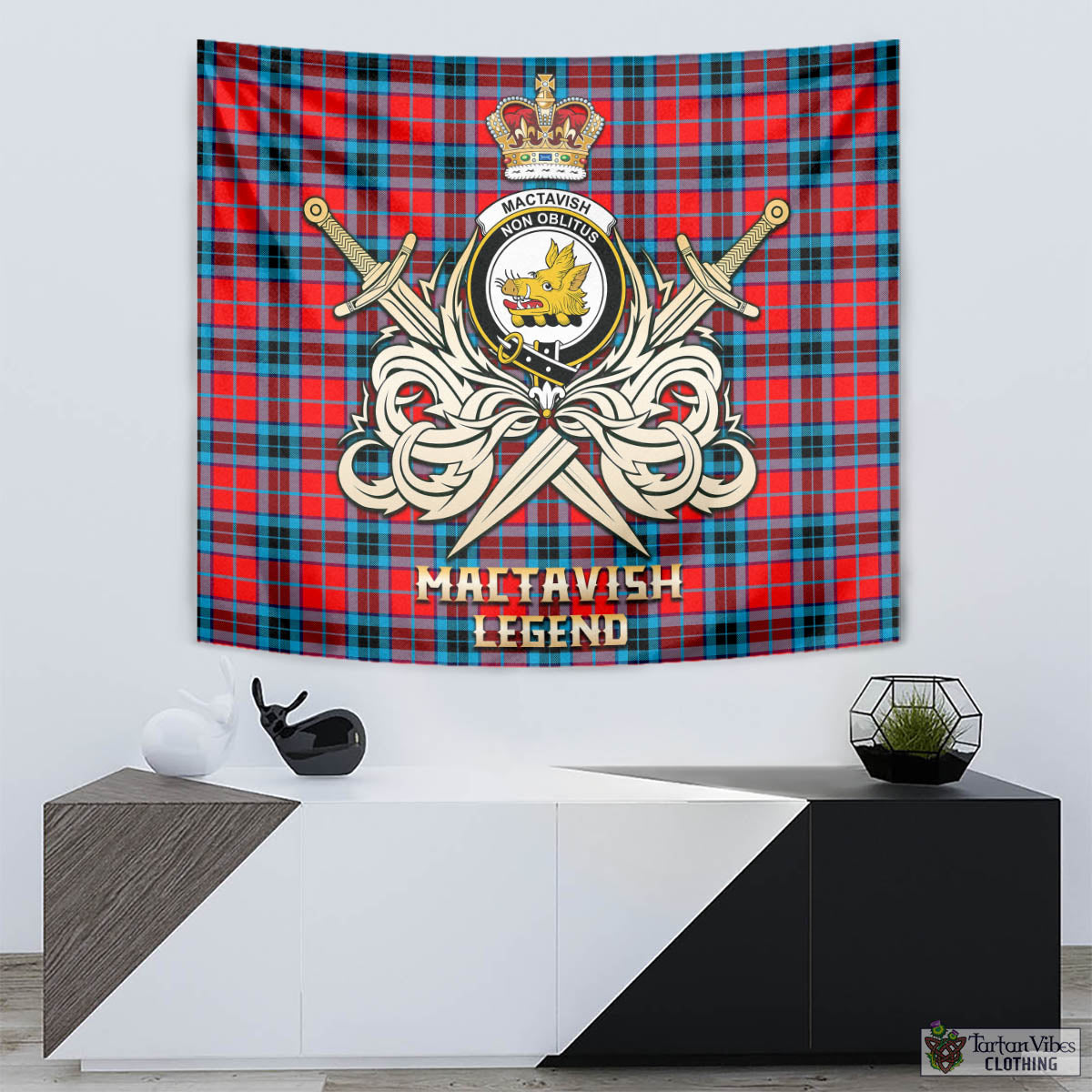 Tartan Vibes Clothing MacTavish Modern Tartan Tapestry with Clan Crest and the Golden Sword of Courageous Legacy