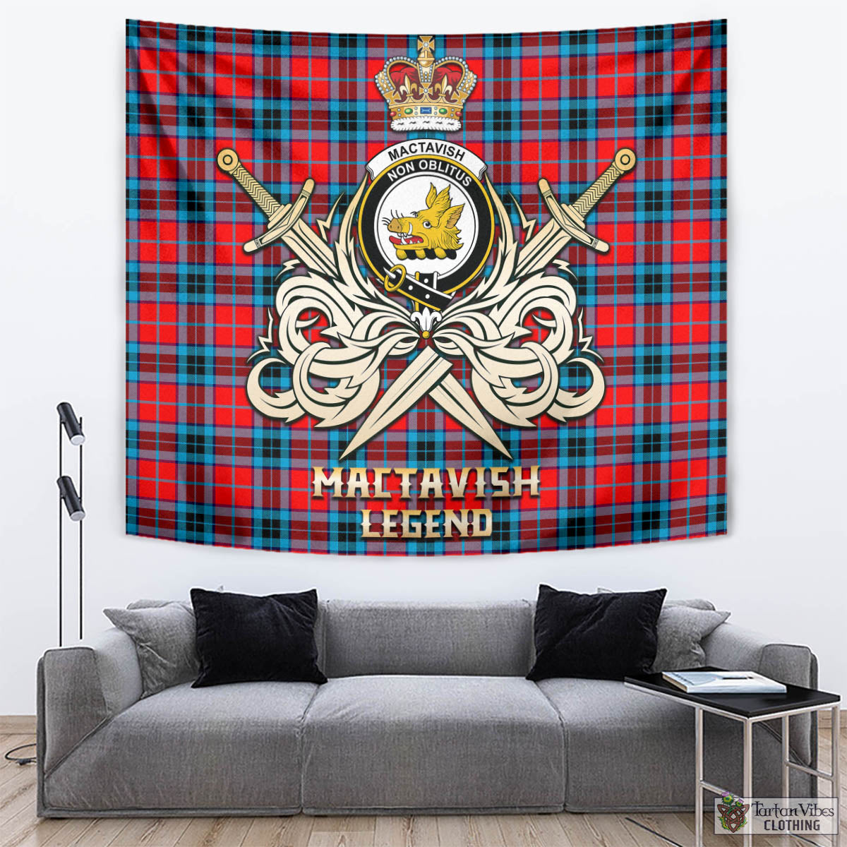 Tartan Vibes Clothing MacTavish Modern Tartan Tapestry with Clan Crest and the Golden Sword of Courageous Legacy