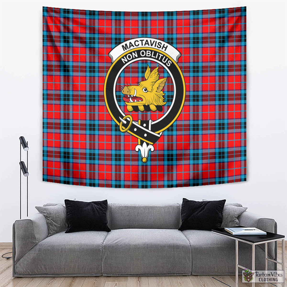 Tartan Vibes Clothing MacTavish Modern Tartan Tapestry Wall Hanging and Home Decor for Room with Family Crest