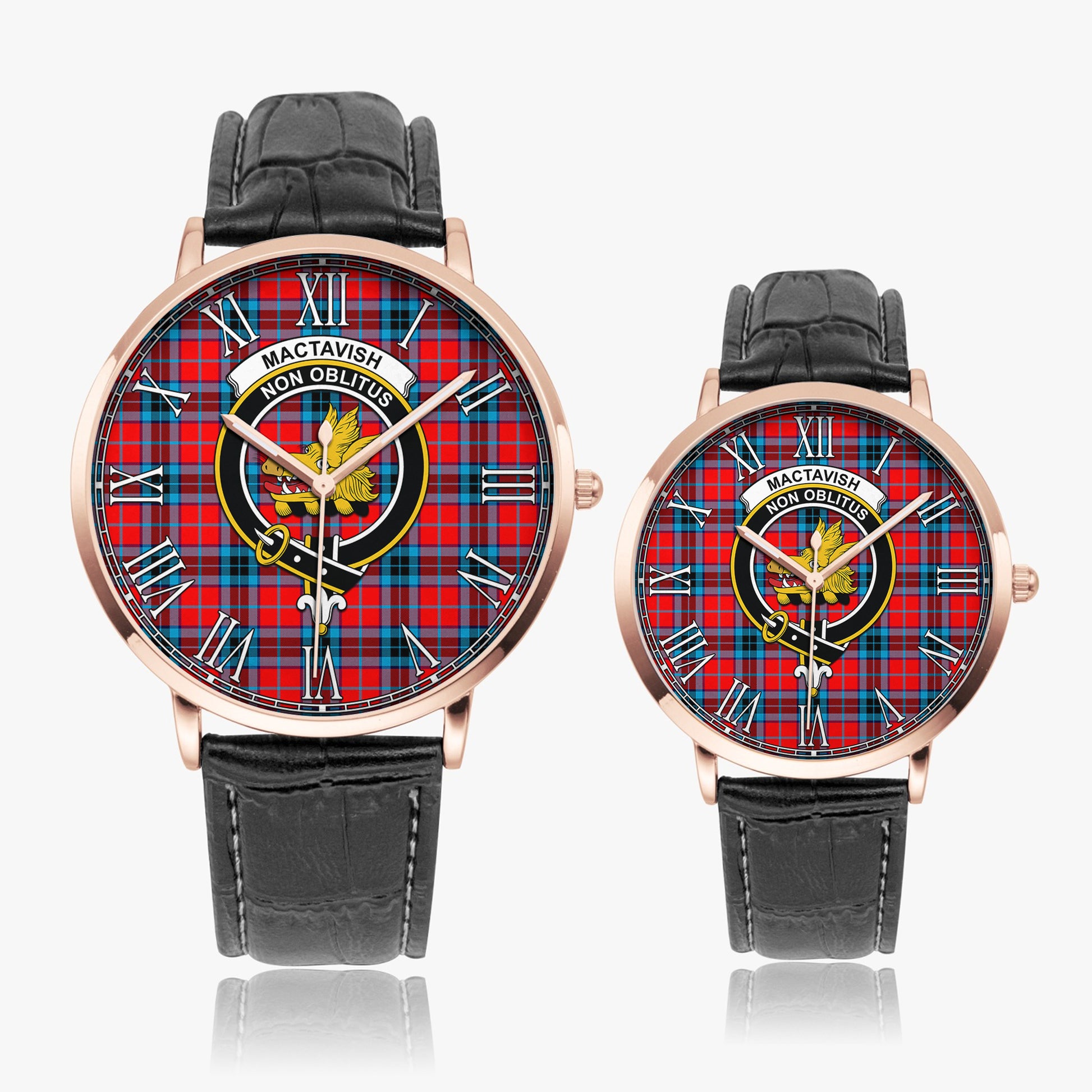 MacTavish Modern Tartan Family Crest Leather Strap Quartz Watch - Tartanvibesclothing