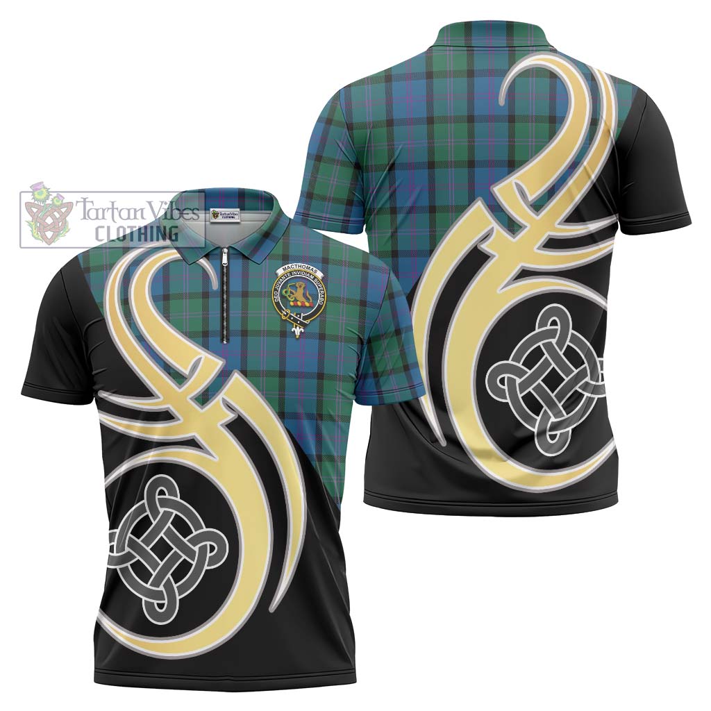 Tartan Vibes Clothing MacThomas Tartan Zipper Polo Shirt with Family Crest and Celtic Symbol Style