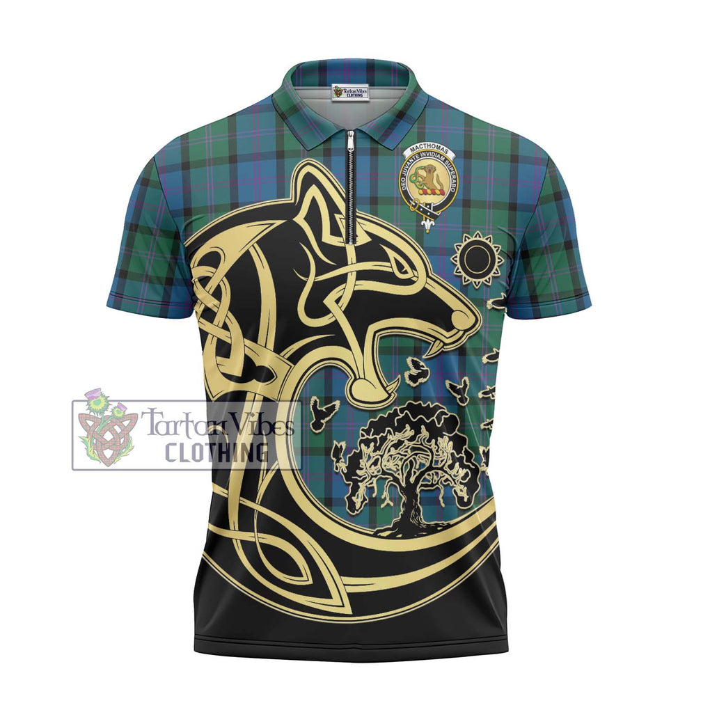 MacThomas (McThomas) Tartan Zipper Polo Shirt with Family Crest Celtic Wolf Style - Tartanvibesclothing Shop