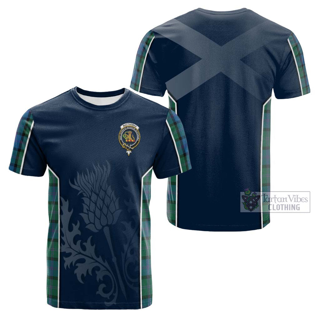Tartan Vibes Clothing MacThomas Tartan Cotton T-shirt with Family Crest and Scottish Thistle Vibes Sport Style
