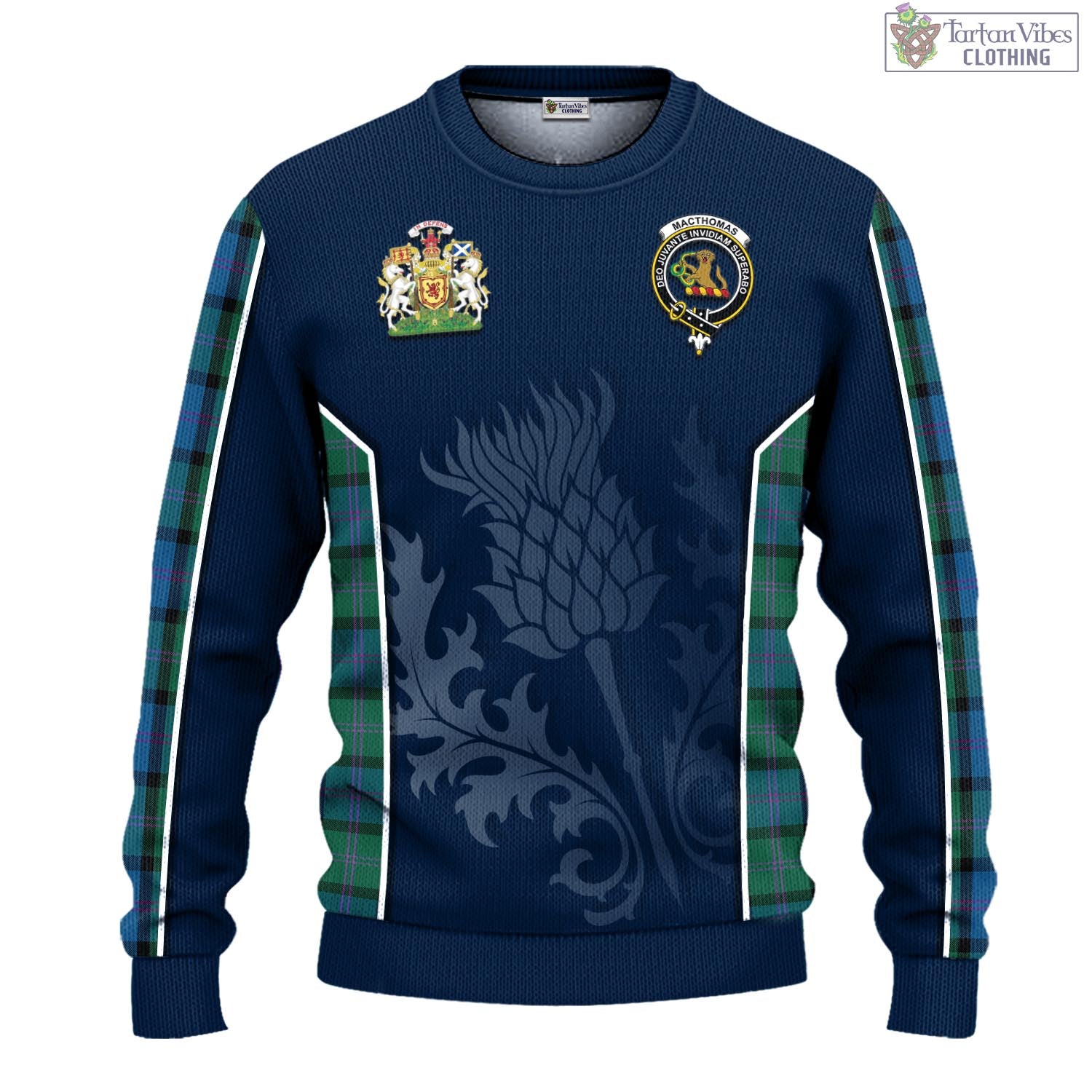 Tartan Vibes Clothing MacThomas Tartan Knitted Sweatshirt with Family Crest and Scottish Thistle Vibes Sport Style
