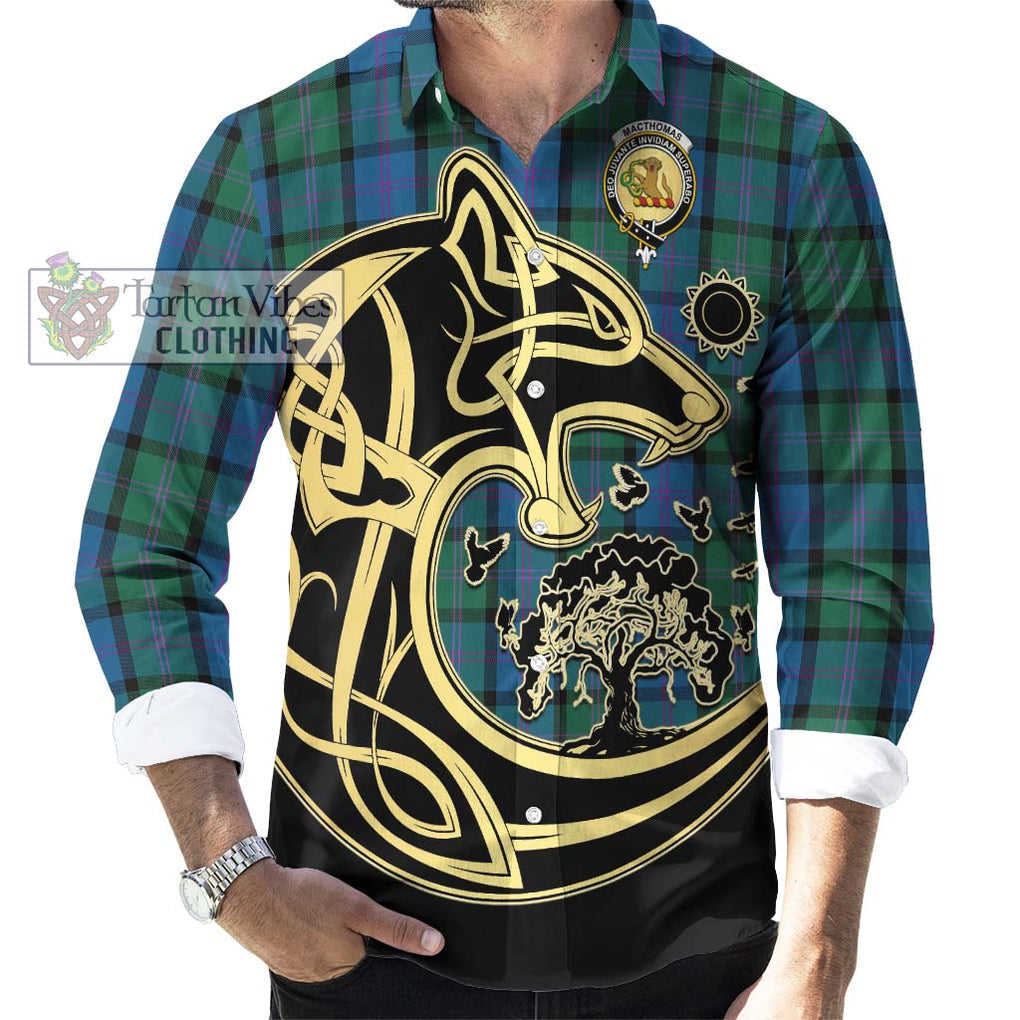 MacThomas (McThomas) Tartan Long Sleeve Button Shirt with Family Crest Celtic Wolf Style - Tartan Vibes Clothing