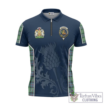MacThomas Ancient Tartan Zipper Polo Shirt with Family Crest and Scottish Thistle Vibes Sport Style