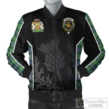 MacThomas Ancient Tartan Bomber Jacket with Family Crest and Scottish Thistle Vibes Sport Style