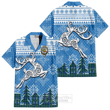 Tartan Vibes Clothing MacThomas (McThomas) Clan Christmas Short Sleeve Button Shirt Celtic Reindeer Style