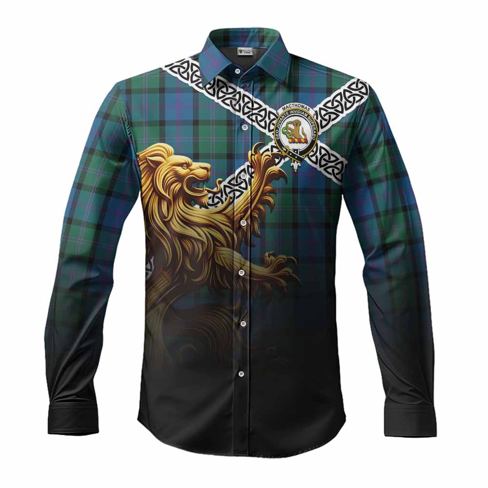 MacThomas (McThomas) Crest Tartan Long Sleeve Button Shirt with Golden Lion Emblem Celtic Style Men's Shirt S - Tartan Vibes Clothing