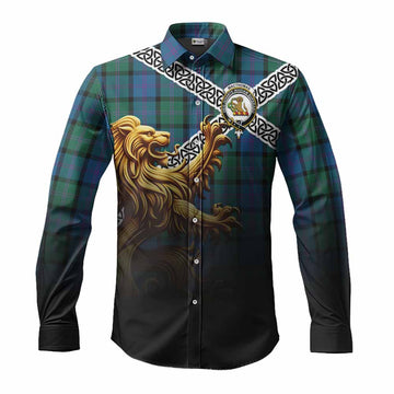 MacThomas (McThomas) Crest Tartan Long Sleeve Button Shirt with Golden Lion Emblem Celtic Style Men's Shirt S - Tartan Vibes Clothing