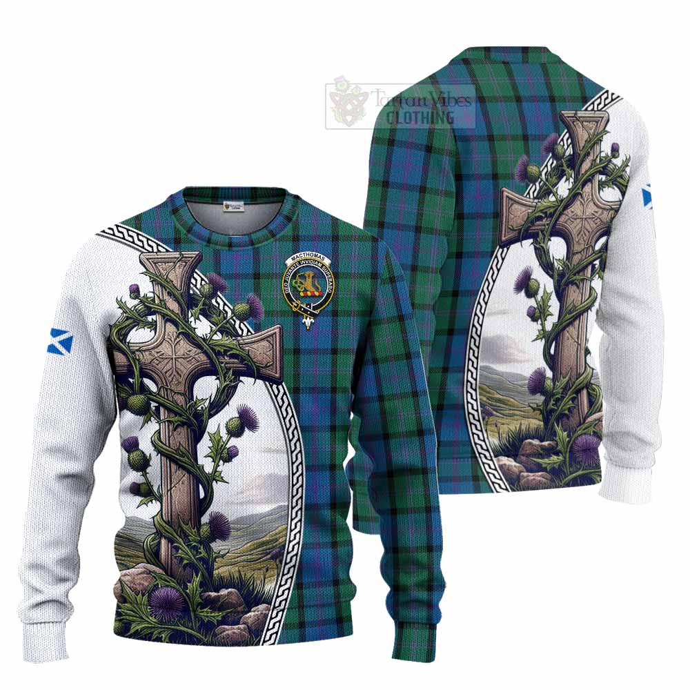 MacThomas (McThomas) Tartan Knitted Sweater with Family Crest and St. Andrew's Cross Accented by Thistle Vines Unisex - Tartan Vibes Clothing
