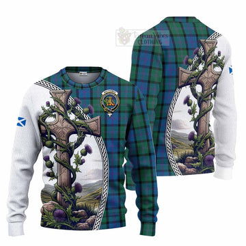 MacThomas (McThomas) Tartan Knitted Sweater with Family Crest and St. Andrew's Cross Accented by Thistle Vines