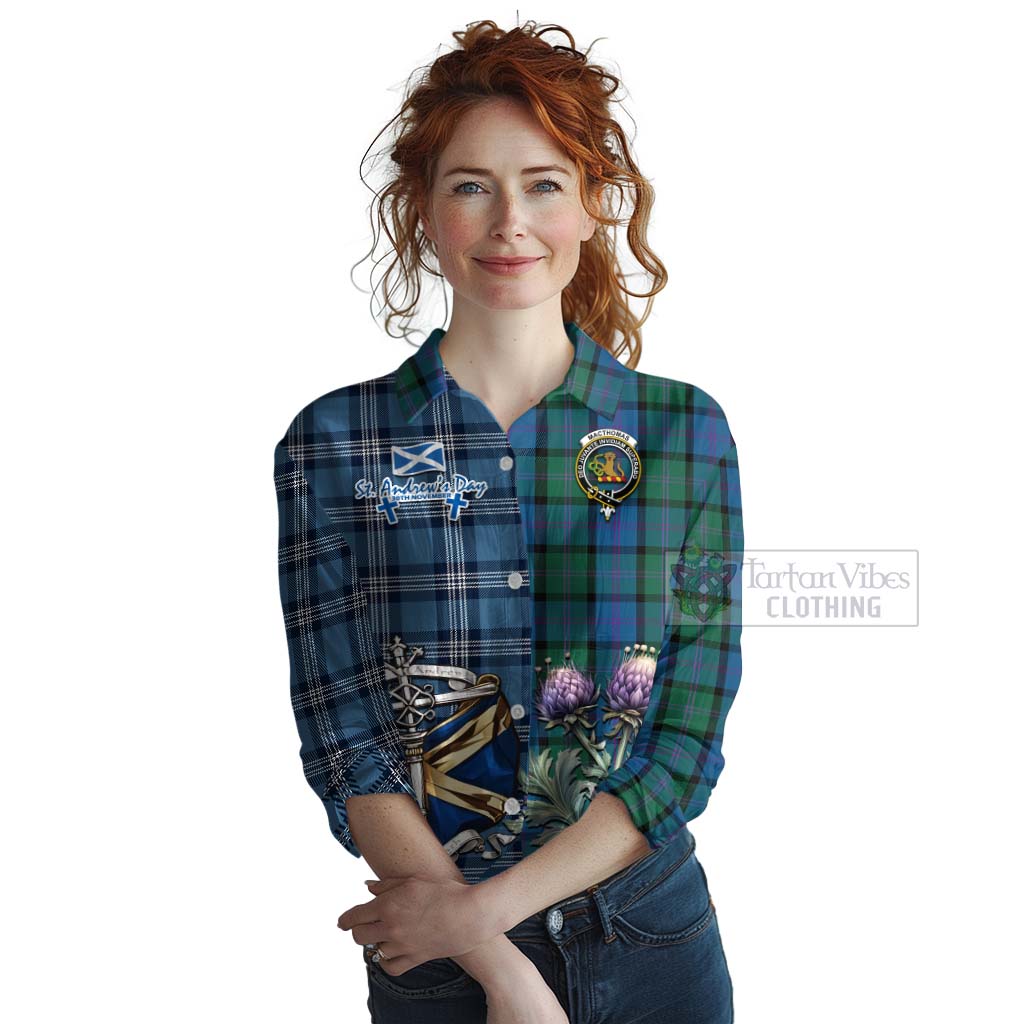 MacThomas (McThomas) Tartan Women's Casual Shirt Happy St. Andrew's Day Half Tartan Style Female - Tartan Vibes Clothing