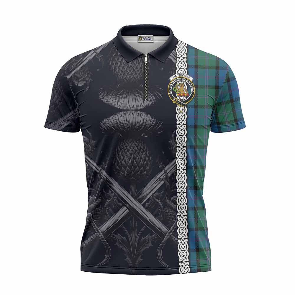MacThomas (McThomas) Tartan Zipper Polo Shirt with Family Crest Cross Sword Thistle Celtic Vibes Unisex - Tartan Vibes Clothing