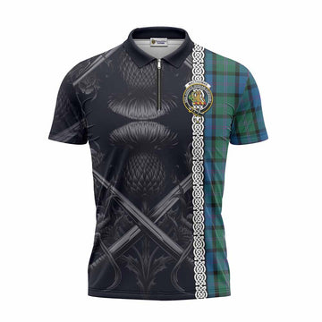 Tartan Vibes Clothing MacThomas (McThomas) Tartan Zipper Polo Shirt with Family Crest Cross Sword Thistle Celtic Vibes