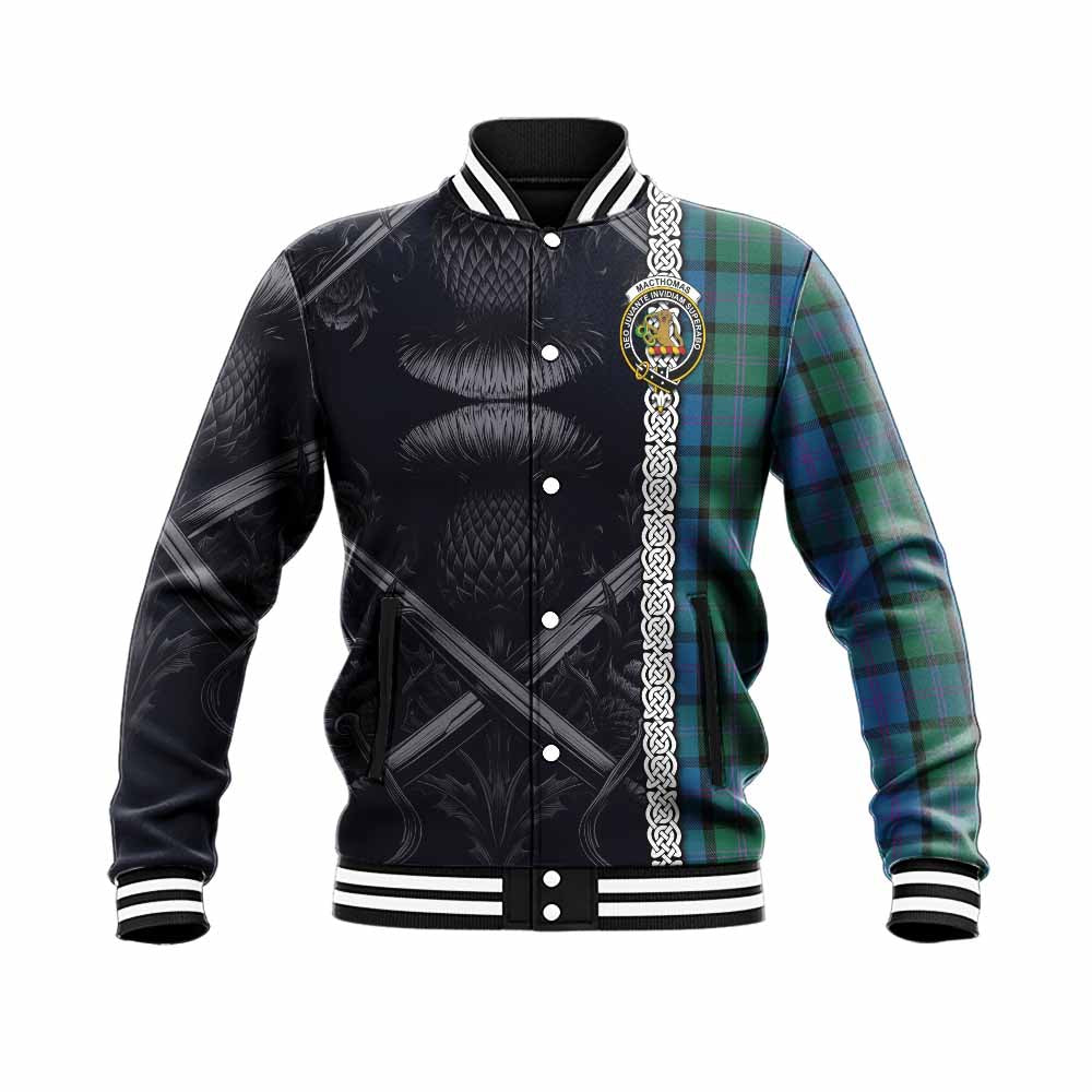 MacThomas (McThomas) Tartan Baseball Jacket with Family Crest Cross Sword Thistle Celtic Vibes Unisex - Tartan Vibes Clothing