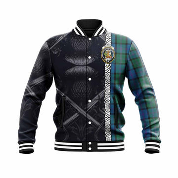 MacThomas (McThomas) Tartan Baseball Jacket with Family Crest Cross Sword Thistle Celtic Vibes Unisex - Tartan Vibes Clothing