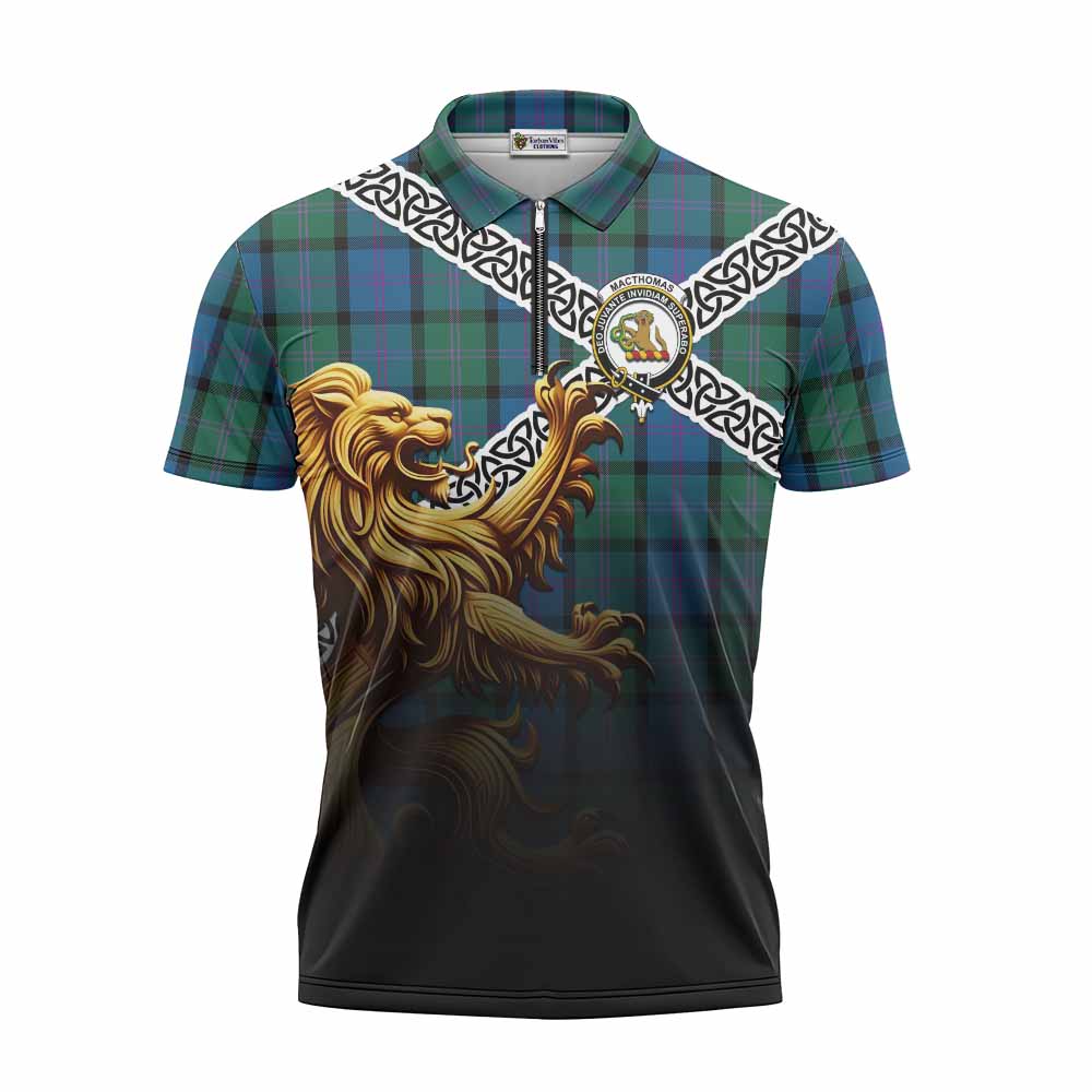 MacThomas (McThomas) Crest Tartan Zipper Polo Shirt with Golden Lion Emblem Celtic Style Unisex - Tartan Vibes Clothing