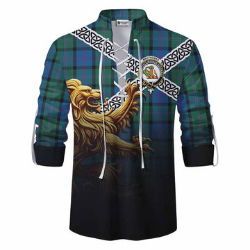 Tartan Vibes Clothing MacThomas (McThomas) Crest Tartan Ghillie Kilt Shirt with Golden Lion Emblem Celtic Style
