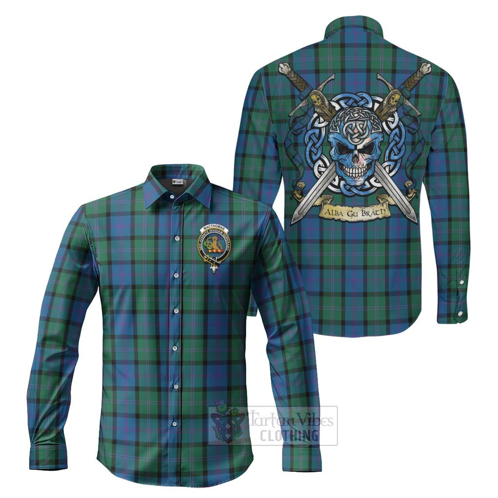 MacThomas (McThomas) Tartan Long Sleeve Button Shirt with Family Crest Celtic Skull Style Men's Shirt S - Tartan Vibes Clothing