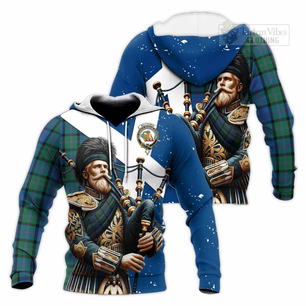 MacThomas (McThomas) Tartan Knitted Hoodie with Family Crest Scottish Bagpiper Vibes Unisex Knitted Pullover Hoodie - Tartan Vibes Clothing