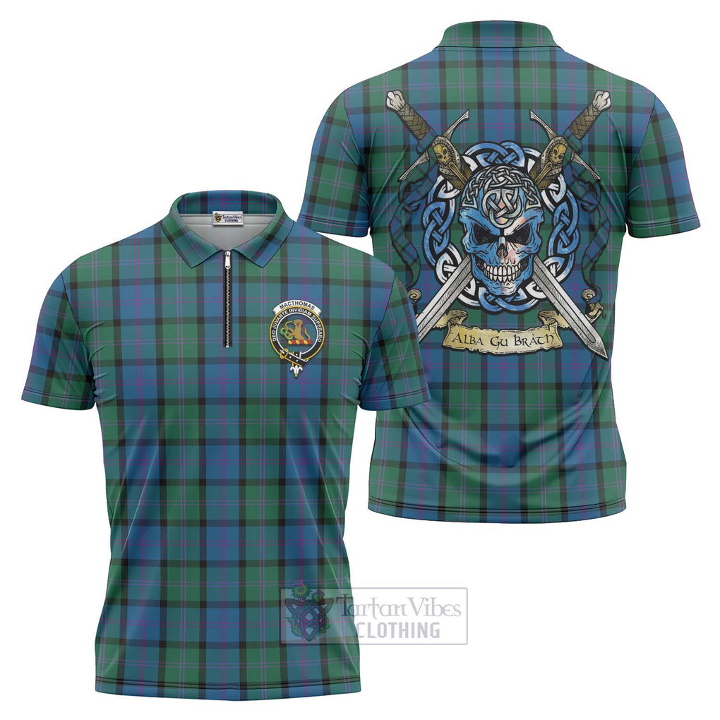 MacThomas (McThomas) Tartan Zipper Polo Shirt with Family Crest Celtic Skull Style Unisex - Tartan Vibes Clothing