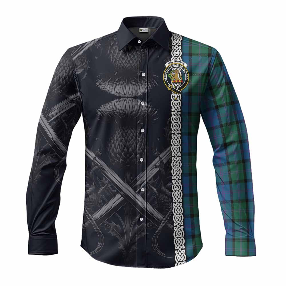 Tartan Vibes Clothing MacThomas (McThomas) Tartan Long Sleeve Button Shirt with Family Crest Cross Sword Thistle Celtic Vibes