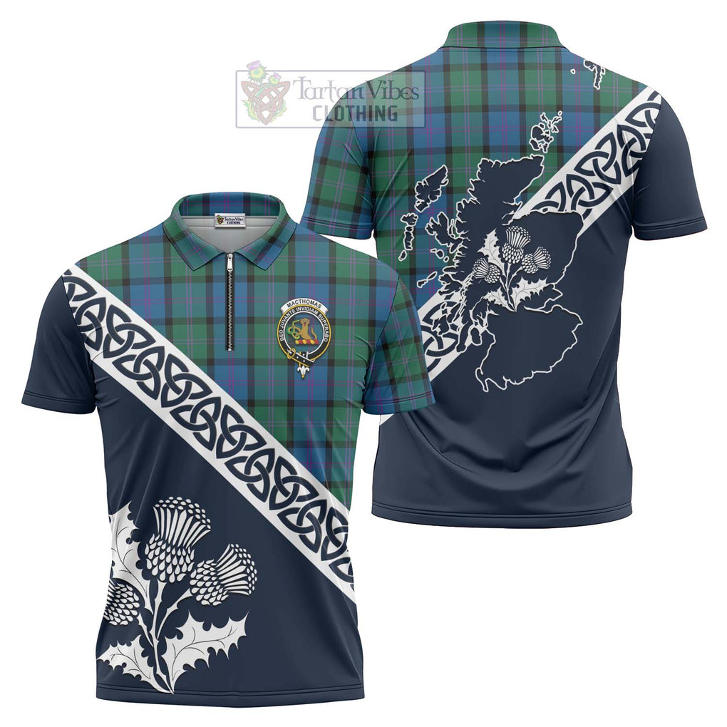 MacThomas (McThomas) Tartan Zipper Polo Shirt Featuring Thistle and Scotland Map Unisex - Tartanvibesclothing Store